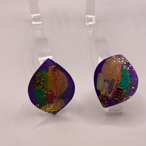 Vintage 1980’s Enamel, Glitter, and textured Earrings Clip-ons - Picture 3 of 10